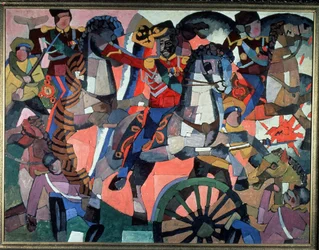 Batalha da vitória. Cena de batalha, expressiva e colorida, soldados armados, carregando cavaleiros, roda de canhão e explosões e soldados caídos. Pintura de Aristarkh Vasilyevich Lentulov (1882-1943), óleo sobre tela,191