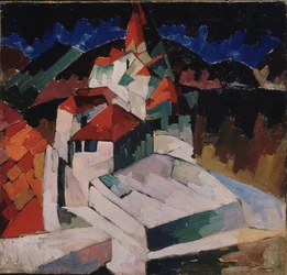 Igreja em Kislovodsk (Norte do Cáucaso, Rússia) (Igreja em Kislovodsk). Descrição cubista do edifício religioso em uma paisagem. Pintura de Aristarkh Vasiliyevich Lentulov (Lentulov) (1882-1943), óleo sobre tela
