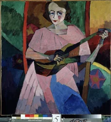 Mulher com uma guitarra (Lady with a Guitar). Pintura de Aristarkh Vasilyevich Lentulov (Lentulov) (1882-1943), óleo sobre tela
