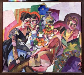 Mulheres e frutas. Três mulheres em vestidos florais cercam fruteiras, um samovar, uma garrafa, um jarro e uma mulher nua reclinada. Pintura de Aristarkh Vasilyevich Lentulov (Lentulov) (1882-1943), óleo sobre tela