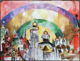 Firmamento, Moscou decorativo. (Firmamento. Moscovo Decorativo). Pintura de Aristarkh Vasilyevich Lentulov (Lentulov) (1882-1943), óleo sobre tela