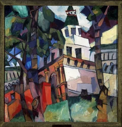A Torre da Porta do Mosteiro de Nova Jerusalém (Israel). (Torre da Porta, Mosteiro de Nova Jerusalém). Pintura de Aristarkh Vasilyevich Lentulov (Lentulov) (1882-1943), óleo sobre tela