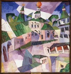 Mosteiro. O Tribunal do Bispo no Mosteiro de Nova Jerusalém na Rússia. (Mosteiro. Pátio do Bispo no Mosteiro de Nova Jerusalém). Pintura de Aristarkh Vasilyevich Lentulov (Lentulov) (1882-1943), óleo sobre tela