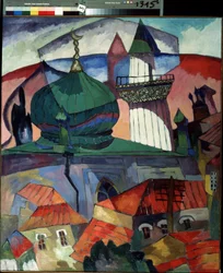 Mesquita (Mesquita). Descrição decorativa de uma cidade russa na Ásia Central, dominada pelo telhado da mesquita com o crescente muçulmano e a torre do muezim. Pintura de Aristarkh Vasilyevich Lentulov (Lentulov) (1882-1943), óleo sobre tela
