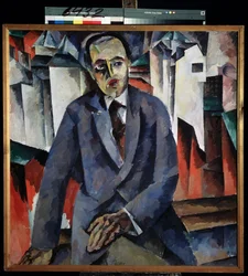 Retrato do Regisseur Alexander Tairov (1885-1950) (Retrato do Regisseur A. Tairov). Pintura de Aristarkh Vasilyevich Lentulov (Lentulov) (1882-1943), óleo sobre tela. Arte russa, vanguarda do século XX. Museu Estatal Russo, São Petersburgo.