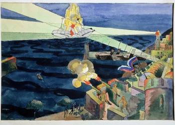 Uma Batalha Naval. A defesa da costa fortificada, as armas disparadas num navio de guerra que se desfaz no meio das explosões. Trabalho de Aristarkh Vasilyevich Lentulov (Lentulov) (1882-1943), aguarela sobre papel