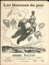 Capa de "Les Hommes du jour", ca. 1905 - Ilustração de Aristide Delannoy (1874-1911): Balões - Clemenceau George, Jaures Jean, Fallieres Armand (1841-1931), Maujan Adolphe (1853-1914)