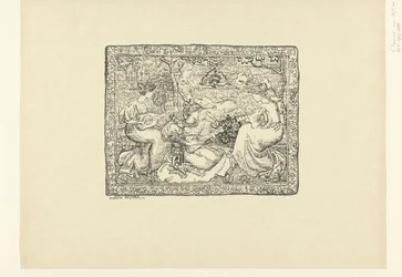 Tapeçaria com quatro mulheres a fazer música numa paisagem
Tapisserie ou champêtre de concerto
L
