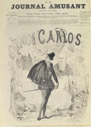Primeira página de &39;Le Journal Amusant&39;, com uma caricatura de Don Carlos, da ópera &39;Don Carlos&39;, de Giuseppe Verdi (1813-1901):