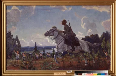Com um relatório. (Um mensageiro de um regimento de cavalaria do Exército Vermelho galopa pelo campo, saudado por crianças em uniformes socialistas da juventude). Pintura de Arkadi (Arkady) Alexandrovich Rylov (1870-1939), óleo sobre tela