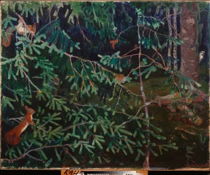 Os habitantes da floresta. (Esquilos nos galhos e um pássaro bicando um tronco). Pintura de Arkadi (Arkady) Alexandrovich Rylov (1870-1939), óleo sobre tela