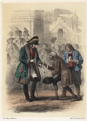 O Rei Carlos XIV (Jean de Suede) (João Baptiste Bernadotte) (1763-1844) recebe uma medalha do seu antigo professor - Gravura por Telório