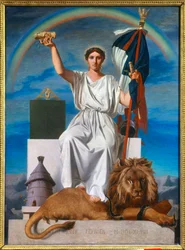 A República. Alegoria representando a república como uma mulher usando uma coroa de louros, símbolo da paz, segurando a bandeira tricolor e o nível, símbolo da igualdade. Seus pés repousam sobre um leão, símbolo de força fica perto de uma colmeia. O arco-í