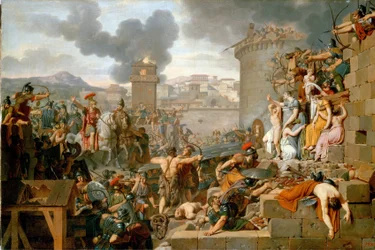 ""Metellus levantando o cerco" (Metellus levantando o cerco) Durante o cerco da cidade de Centobrica, Quintus Caecilius Metellus Macedonicus prende seus soldados quando os habitantes expõem os filhos de Rhetogene para atacá-lo. Pintado