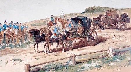 Um Postillion montado em um cavalo de carruagem, século XIX, 1886