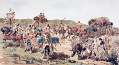 Um vagão viajando com escolta no século XV, 1886