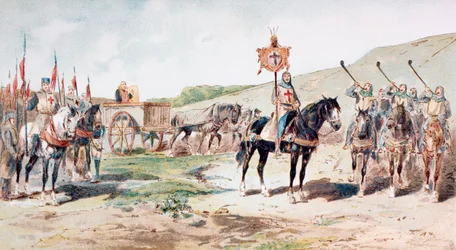 Cruzados em marcha no século XI com uma carroça puxada por cavalos, 1886