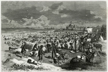 Ostend Beach. Gravura de A. Heins, para ilustrar a história "La Belgique", de Camille Lemonnier (1844-1913), escritor e crítico de arte. Publicado na revista Tour du monde new journal des voyages