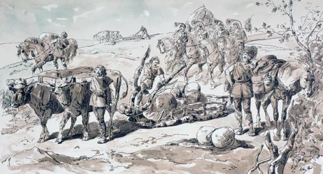 Bois desenhando um trenó primitivo carregado de pedras, 1886