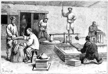 Uma fábrica de papel, China, 1895.
