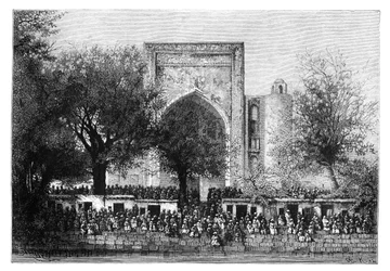 Uma assembléia diante da mesquita em Bukhara, Uzbequistão, 1895.