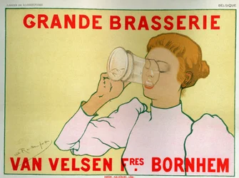 Alimentos e Bebidas. Grande Cervejaria Van Velsen, Bélgica. Cartaz de Armand Rassenfosse, Bélgica, c.1890 (cartaz)