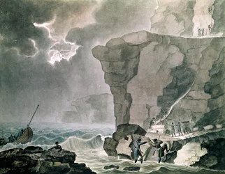 Aterrissagem dos conspiradores no caso Cadoudal no penhasco de Biville perto de Dieppe, 16 de janeiro de 1804 (wc no papel)