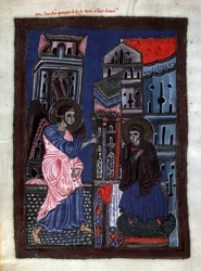 A Anunciação. O Arcanjo Gabriel visita a Virgem Maria. Iluminação pelo mestre do Codex Matenadaran (século XIII), miniatura, aquarela sobre pergaminho