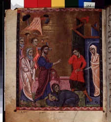 A Ressurreição de Lázaro. Iluminação pelo mestre do Codex Matenadaran (século XIII), miniatura, aquarela sobre pergaminho