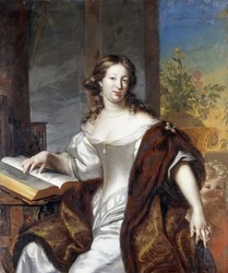 Retrato de uma dama, sentado três quartos, em um vestido branco e capa forrada de pele,