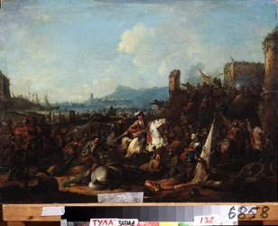 O cerco de La Rochelle em Outubro de 1628. Pintura por Arnold Frans Rubens (1687-1719). Óleo sobre madeira, 39,5 x 57 cm. Arte flamenga, estilo barroco. Museu Estatal de Arte, Tula (ou Tolan).