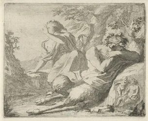 Satyr e figura feminina cobrem os olhos contra a luz solar
Estágio de imagens sinne abertas ao serviço dos pintores detentores de imagens, etc. (título da série)