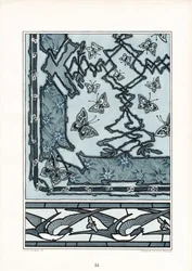 Padrão decorativo Art Nouveau com andorinhas e borboletas (litografia)