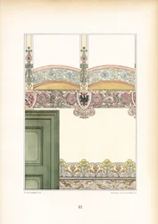 Design de interiores Art Nouveau com frisos de parede ornamentais e brasão de armas (litografia)