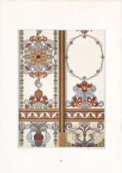 Painéis Art Nouveau com íris e ornamentos florais (litografia)