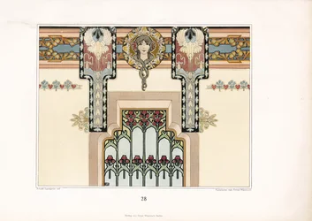 Decoração de parede Art Nouveau com íris e desenho figurativo (litografia)