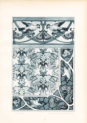 Ornamentos de pássaros e padrões de borboletas em tons de azul (litografia)
