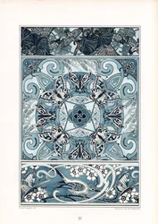 Padrões ornamentais azuis e brancos com borboletas e pássaros (litografia)