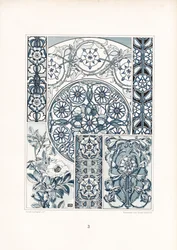 Motivos e estruturas ornamentais de rosa selvagem azul e branca (litografia)