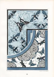 Borboletas e traças num padrão floral azul-branco (litografia)