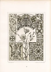 Motivos de cravos e padrões de superfície ornamentais em monocromático (litografia)