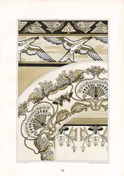 Ornamentos decorativos Art Nouveau com motivos de pássaros e leques (litografia)