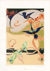 Padrão decorativo Art Nouveau com beija-flores e borboletas (litografia)