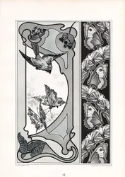 Painéis decorativos e rebordo com motivos de pássaros e borboletas (litografia)