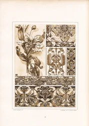 Estudos e bordaduras de ornamentos florais em tons de sépia (litografia)