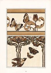 Faixas ornamentais florais com borboletas e túlipas (litografia)