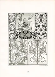 Ornamentos de lírios em composição monocromática (litografia)