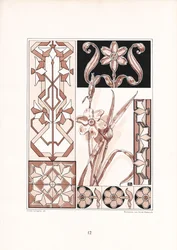 Motivos de Narciso e ornamentos geométricos em tons de rosa (litografia)