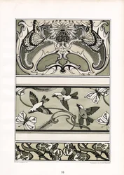 Frisos ornamentais com pássaros, borboletas e motivos florais (litografia)