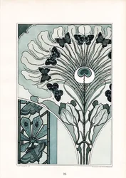 Ornamento de pena de pavão com borboletas e túlipas